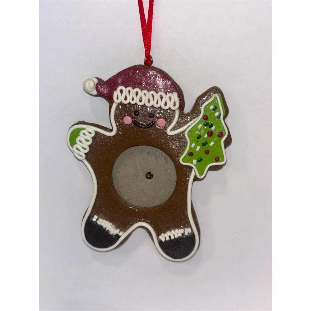 Vintage Gingerbread Man Christmas Ornament Photo Frame Santa Hat 4